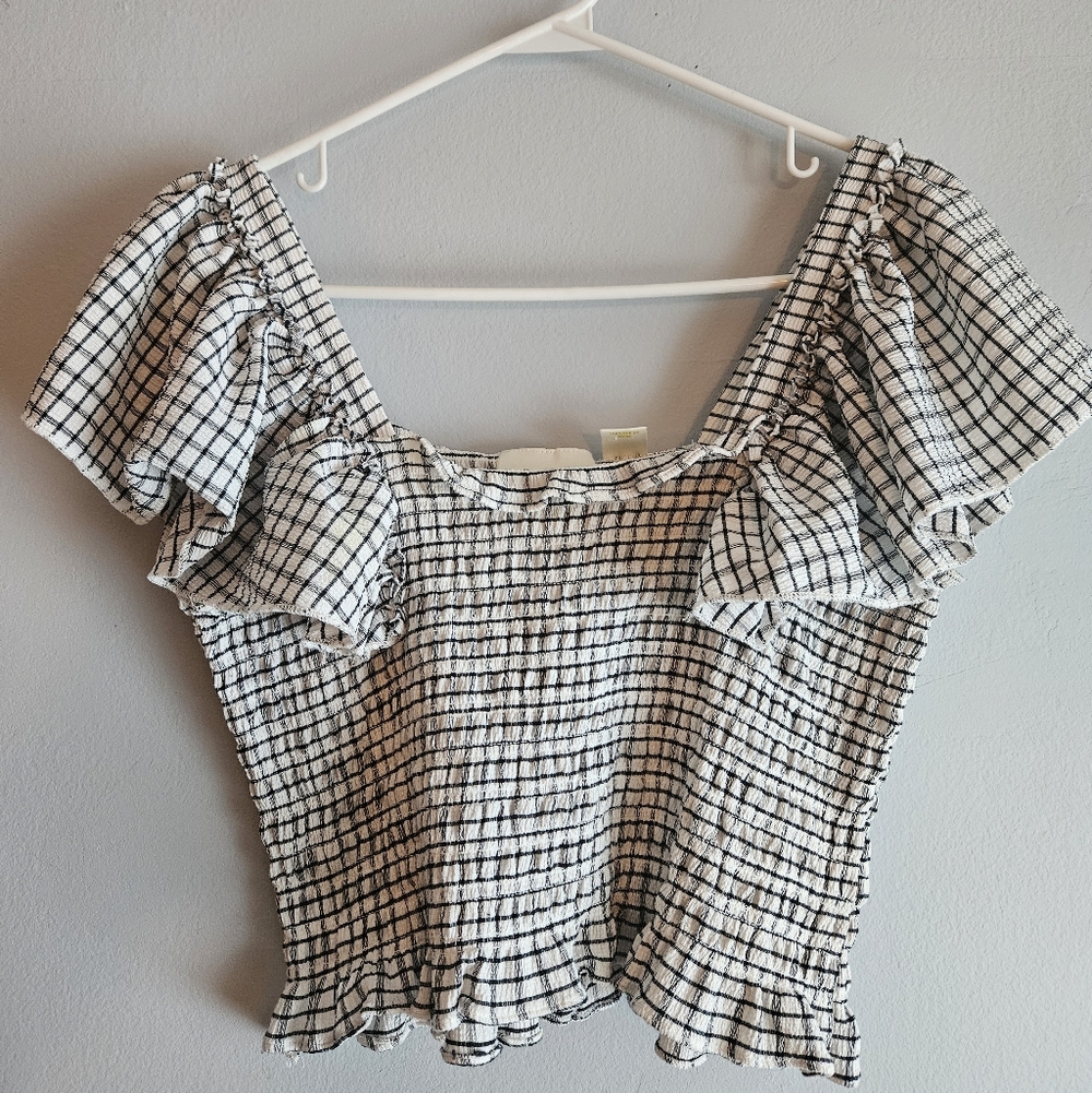 Anthropologie Black and White Grid Off The Shoulder Blouse